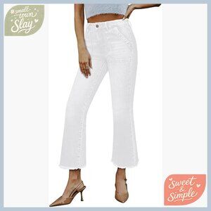 Stretchy Bootcut Flare Jeans with Raw Hem, Mid Rise Cropped Denim Pants